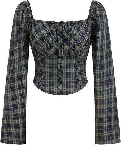 CIDER Plaid Long Sleeve Crop Top Square Neck Tie Front Fashion Blouse in Saudi Arabia
