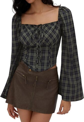 CIDER Plaid Long Sleeve Crop Top Square Neck Tie Front Fashion Blouse in Saudi Arabia