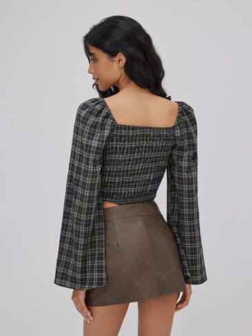 CIDER Plaid Long Sleeve Crop Top Square Neck Tie Front Fashion Blouse in Saudi Arabia