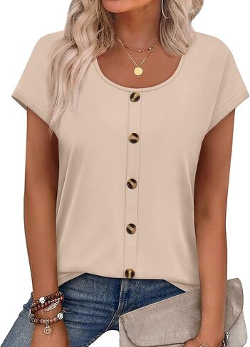 WIHOLL Womens Summer Tops Cap Short Sleeve Shirts Button Down Blouses U Neck T Shirts Fashion Clothing in Saudi Arabia