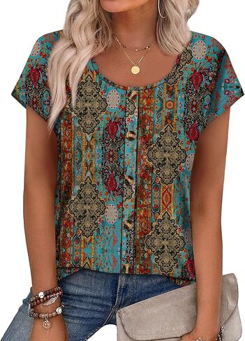 WIHOLL Womens Summer Tops Cap Short Sleeve Shirts Button Down Blouses U Neck T Shirts Fashion Clothing in Saudi Arabia