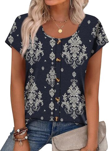 WIHOLL Womens Summer Tops Cap Short Sleeve Shirts Button Down Blouses U Neck T Shirts Fashion Clothing in Saudi Arabia