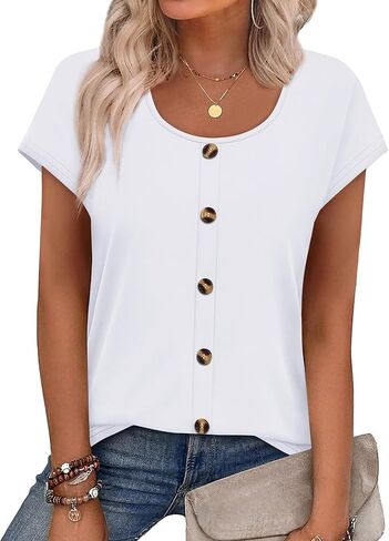 WIHOLL Womens Summer Tops Cap Short Sleeve Shirts Button Down Blouses U Neck T Shirts Fashion Clothing in Saudi Arabia