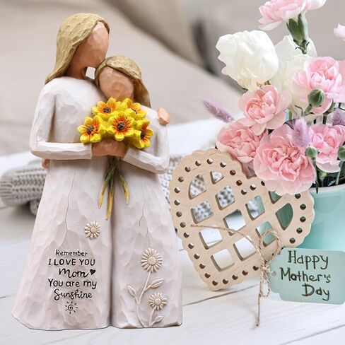 هدايا عيد ميلاد الأم من الابنة، هدايا للأم، تمثال الأم والابنة المرسوم يدويًا يحمل عباد الشمس، تذكار من الراتنج مقاس 5.7 بوصة لعيد الأم، والكريسماس، وأم العروس (أبيض) in Kuwait