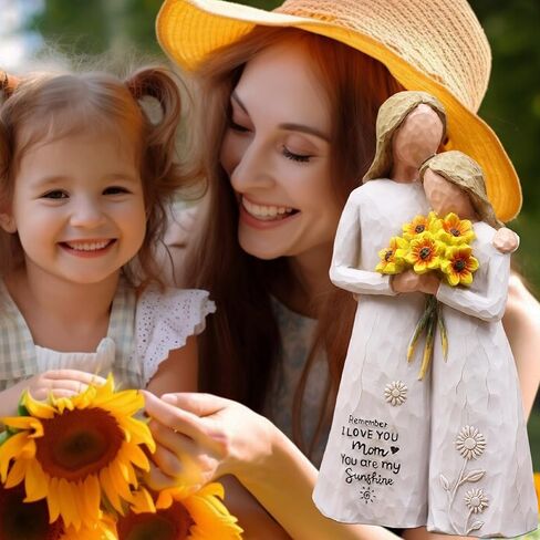 هدايا عيد ميلاد الأم من الابنة، هدايا للأم، تمثال الأم والابنة المرسوم يدويًا يحمل عباد الشمس، تذكار من الراتنج مقاس 5.7 بوصة لعيد الأم، والكريسماس، وأم العروس (أبيض) in Kuwait