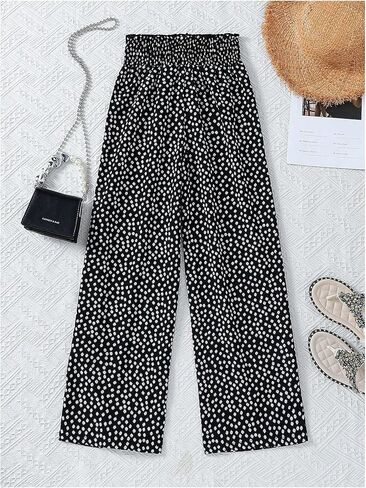 OYOANGLE Girl's Floral Print Smocked High Waisted Pants Lightweight Flowy Palazzo Trousers in Saudi Arabia
