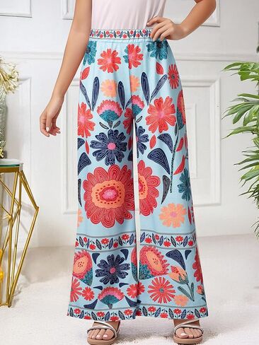 Girls High Waisted Palazzo Pants Loose Trousers Boho Floral Print Casual Wide Leg Pants in Saudi Arabia