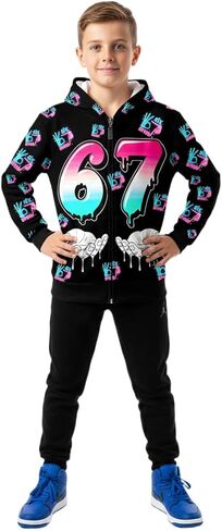 Kids 67 Zip-Up Hoodie Colorful Graphic Pullover Hooded Sweatshirt Streetwear for Boys Girls 5-12Y in Saudi Arabia