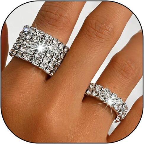 Rhinestone Rings for Women,Sparkle Crystal Stackable Stretch Rings Set,Glitter Cubic Zirconia Knuckle Ring for Wedding Bride in Saudi Arabia