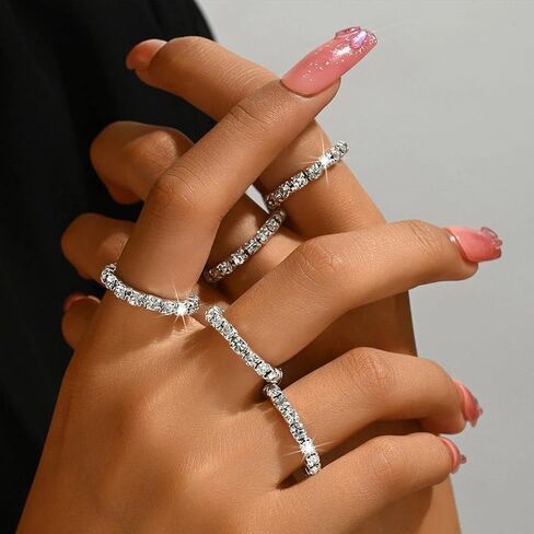 Rhinestone Rings for Women,Sparkle Crystal Stackable Stretch Rings Set,Glitter Cubic Zirconia Knuckle Ring for Wedding Bride in Saudi Arabia