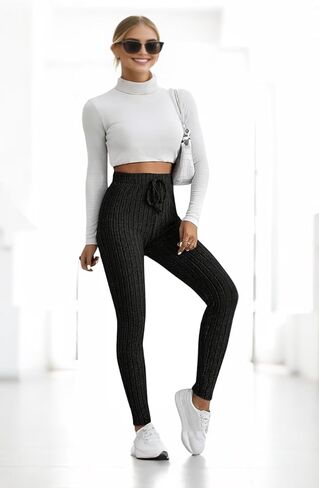 Plus Size Women's High Waist Striped Ribbed Pants - Soft Stretch Lounge Leggings in Saudi Arabia
