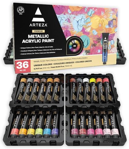 ARTEZA Metallic Acrylic Paint Set of 12 Colors, 0.74 ounce Tubes Non Toxic Artist Paints for Hobby Painters, Art Supplies for Canvas Painting in Saudi Arabia