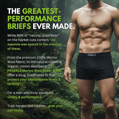 PRIMALS 100% Merino Wool Boxer Briefs - Natural Rubber Waistband - Elite Performance - Black (1 Count) in Saudi Arabia