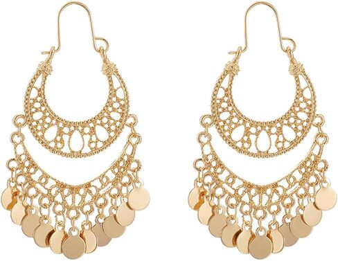 Boho Beads Chandelier Tassel Fringe Dangle Earrings Gypsy Coin Disc Earrings Bohemian Statement Ear Jewelry for Women-sequins in Saudi Arabia