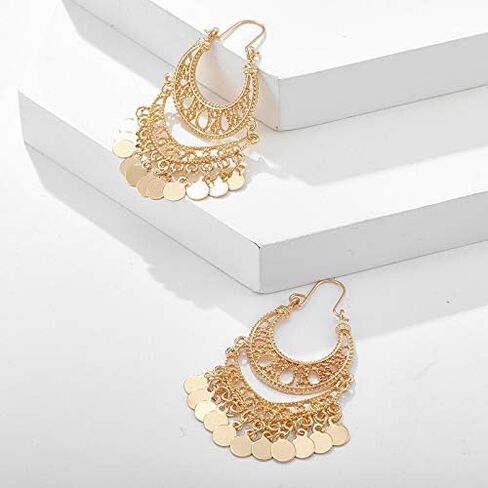 Boho Beads Chandelier Tassel Fringe Dangle Earrings Gypsy Coin Disc Earrings Bohemian Statement Ear Jewelry for Women-sequins in Saudi Arabia