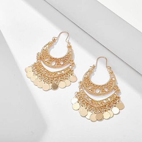 Boho Beads Chandelier Tassel Fringe Dangle Earrings Gypsy Coin Disc Earrings Bohemian Statement Ear Jewelry for Women-sequins in Saudi Arabia