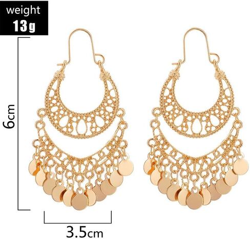 Boho Beads Chandelier Tassel Fringe Dangle Earrings Gypsy Coin Disc Earrings Bohemian Statement Ear Jewelry for Women-sequins in Saudi Arabia