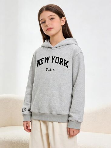 Girls Graphic Hoodie, New York Slogan Pullover Sweatshirt for Kids in Saudi Arabia