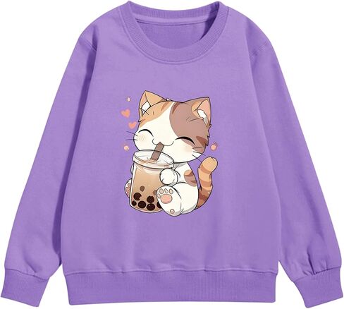 KEEVICI Cute Cat Sweatshirt For Girls Kawaii Graphic Hoodie Kids Cartoon Animal Print Pullover Cotton Long Sleeve Shirts Tops in Saudi Arabia