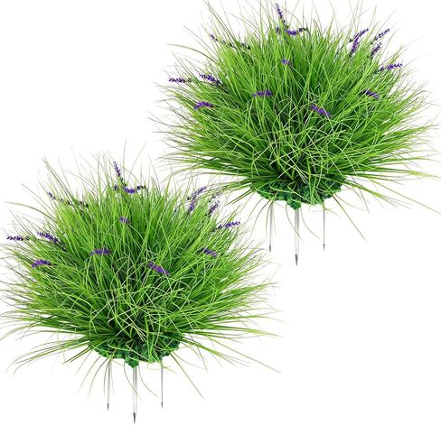 QIANYUN Artificial Grass & Lavender Garden Stake – 20'' Faux Outdoor Plant with Ground Spike, for Front Door, Garden Beds, Lawn, Planters (2, Green) in Saudi Arabia