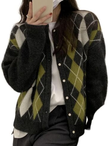 سترة الخريف العصرية للنساء 2026 سترة الجرونج Argyle منقوشة Preppy Y2K E-Girl سترة مكتنزة متماسكة عتيقة سترة الجد in Kuwait