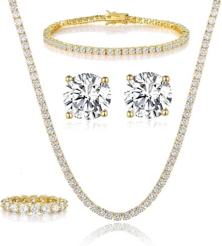 Gemsme 18K White Gold Plated Graduated Round Cubic Zirconia Tennis Necklace/Bracelet/Earrings Sets Pack of 3 in Kuwait