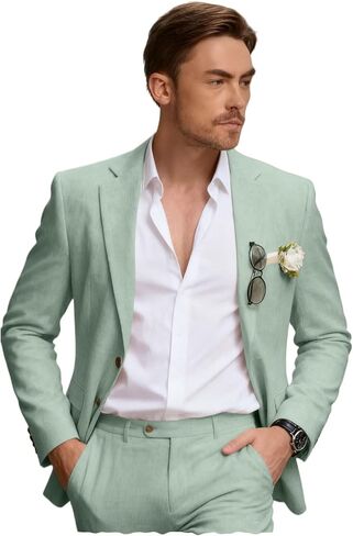 Linen Mens 2 Pieces Suit Retro Casual Slim Fit Suits Linen Beach Prom Dress Tux Set Wedding Groom Men Jacket Blazer Pant in Saudi Arabia