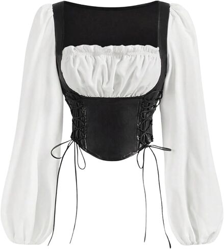Floerns Women's Gothic Lace Up Long Sleeve Shirts Leather Patchwork Grunge Costume Blouse Tops in Saudi Arabia