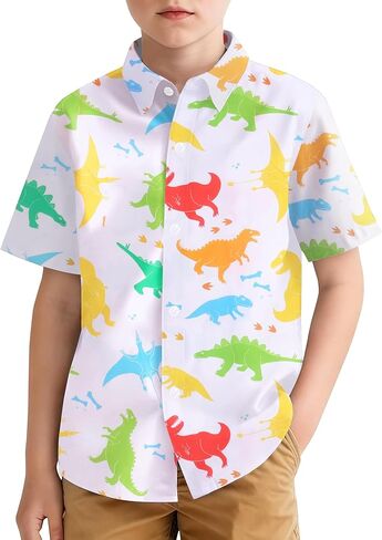 Hawaiian Shirt for Boys Button Down Wrinkle Free Shirt Short Sleeve Funny Beach Casual Summer Print Top for Kids 4-15 Years in Saudi Arabia