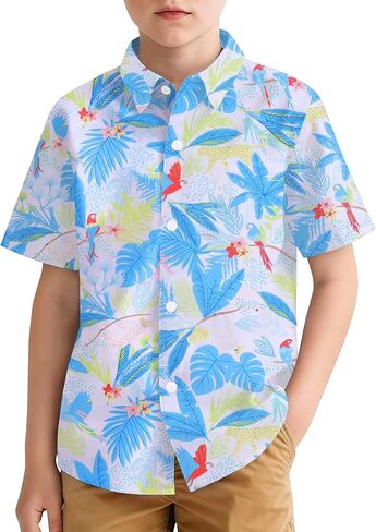 Hawaiian Shirt for Boys Button Down Wrinkle Free Shirt Short Sleeve Funny Beach Casual Summer Print Top for Kids 4-15 Years in Saudi Arabia