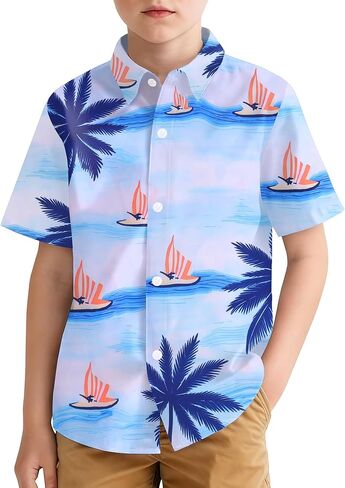 Hawaiian Shirt for Boys Button Down Wrinkle Free Shirt Short Sleeve Funny Beach Casual Summer Print Top for Kids 4-15 Years in Saudi Arabia