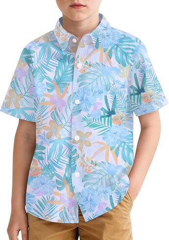 Hawaiian Shirt for Boys Button Down Wrinkle Free Shirt Short Sleeve Funny Beach Casual Summer Print Top for Kids 4-15 Years in Saudi Arabia