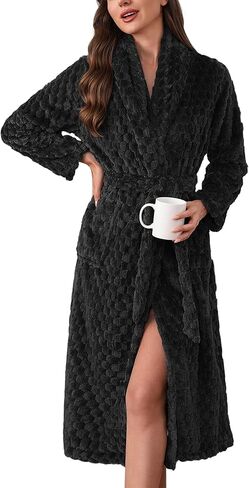Ekouaer رداء نسائي طويل قطيفة ناعم رداء الجاكار كتلة اللون رداء شال وياقة ملابس نوم مع جيوب S-XXL in Kuwait