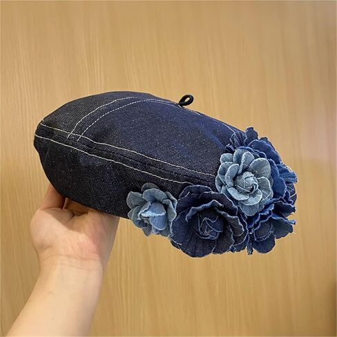 2025 Fashion 3D Flower Decoration Denim Beret Hat Beanie Women Retro Painter Artist Holiday French Casual Classic Winter Hat in Kuwait