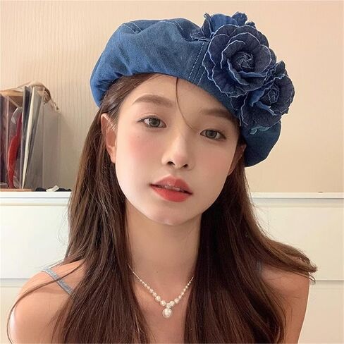 2025 Fashion 3D Flower Decoration Denim Beret Hat Beanie Women Retro Painter Artist Holiday French Casual Classic Winter Hat in Kuwait