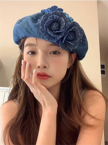 2025 Fashion 3D Flower Decoration Denim Beret Hat Beanie Women Retro Painter Artist Holiday French Casual Classic Winter Hat in Kuwait