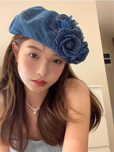 2025 Fashion 3D Flower Decoration Denim Beret Hat Beanie Women Retro Painter Artist Holiday French Casual Classic Winter Hat in Kuwait
