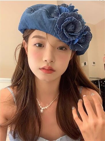 2025 Fashion 3D Flower Decoration Denim Beret Hat Beanie Women Retro Painter Artist Holiday French Casual Classic Winter Hat in Kuwait