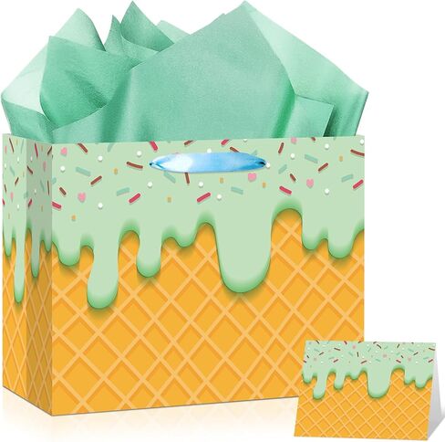 Yomaiha Ice Cream Gift Bag with Tissue Paper and Greeting Card, Ice Cream Gift Wrapping Paper Goodie Bags for Summer Birthday Baby Shower, Sweet One Party Favors Birthday Party Supplies in Kuwait