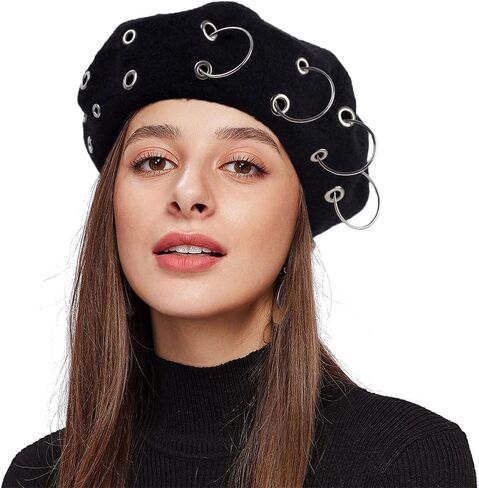 Punk French Beret Hats Women's Winter Warm Artist Painter Beanie Cap Vintage Casual Cold Weather Party Iron Ring Cap in Saudi Arabia