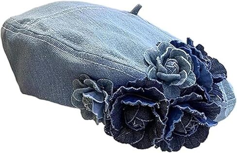 2025 Fashion 3D Flower Decoration Denim Beret Hat Beanie Women Retro Painter Artist Holiday French Casual Classic Winter Hat in Kuwait