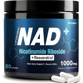 مكمل NAD+ 1000 مجم - نيكوتيناميد ريبوسيد (NR) وريسفيراترول، ليبوسومال NAD من مكونات عضوية نقية للنساء والرجال في مرحلة الشيخوخة الصحية، طاقة الدماغ والخلوية، 80 كبسولة in Kuwait