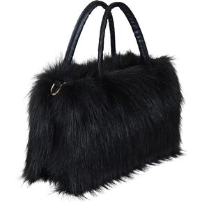 Women's Faux Fur Crossbody Tote Purse, Black Leather Handle Fluffy Fashion Shoulder Handbag in Saudi Arabia
