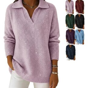 Christmas Party Collar Shiny Loose Sweater Top, V Neck Blouses, 2026 Sparkling Top for Women in Saudi Arabia