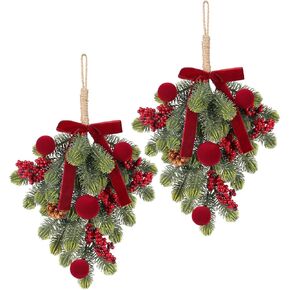 Super Holiday Christmas Decorations, 2PCS Artificial Green Plant Front Door Wreaths Hanging Decoration with Velvet Bow/Ball/Berry, for Winter Home Indoor Outdoor Wall Holiday Decor.(Burgundy) in Kuwait