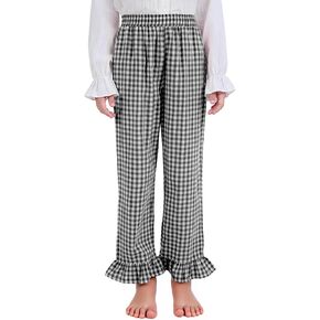 Flygo Girls Cotton Plaid Pants Gingham Elastic Waist Ruffle Hem Wide Leg Pants Cute Trousers for Teen Girl 5-14 Years in Saudi Arabia