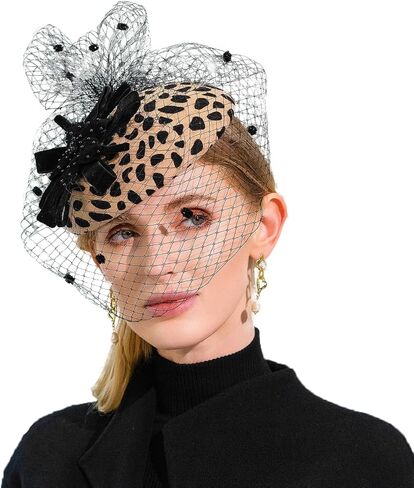 Leopard Print Wool Felt Fascinator Hat with Veil & Beading - Formal Church Cocktail Tea Party Hat for Women in Saudi Arabia