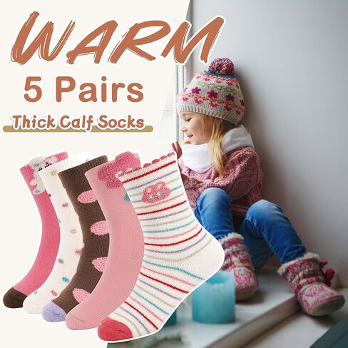 5 Pairs Girls Socks, Thick Thermal Warm Cotton Winter Cozy Crew Socks for Kids Aged 1-12 in Saudi Arabia