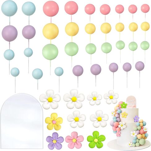 46 PCS Acrylic Rainbow Cake Toppers Colorful Balls Cake Decorations Boho Cake Toppers Daisy Flower Cake Toppers for Wedding Baby Shower Birthday Party Supplies in Saudi Arabia