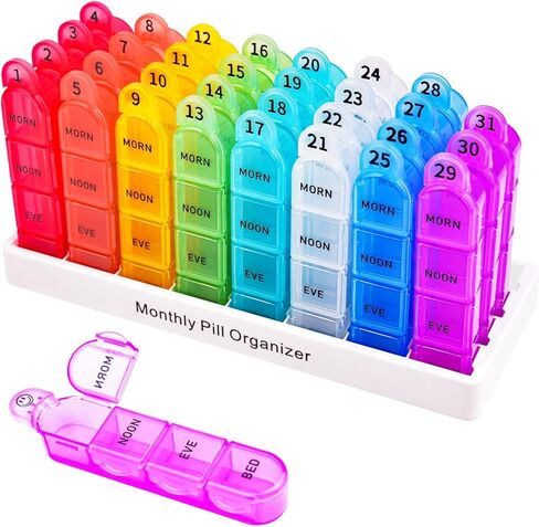 Cruxer Monthly Pill Box Organiser 3 Times a Day, Daily Travel Pill Boxes, Medicine Storage Box, Pill Dispenser 1 Month 32 Compartments, Tablet Organiser to Hold Vitamins, Fish Oil, Supplements in Saudi Arabia